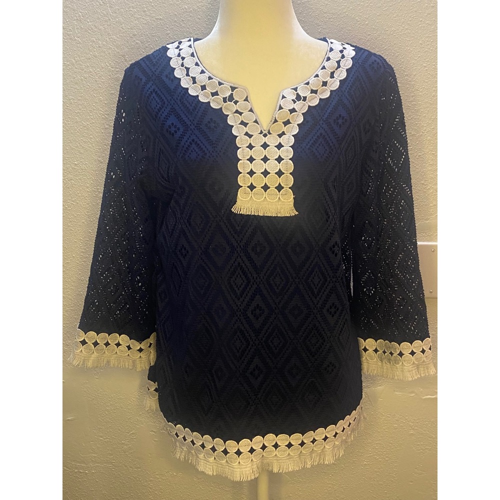 Alfred Dunner Crochet Lace Tunic Women Small Navy Blue Fringe Trim Boho